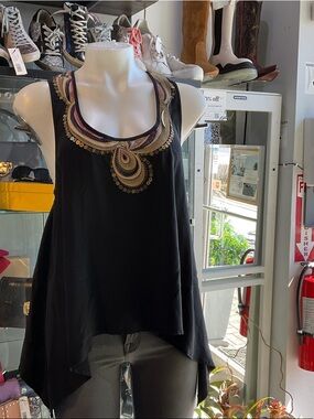 Trina Turk Black Sleeveless Tank with Multicolor Beaded Yoke